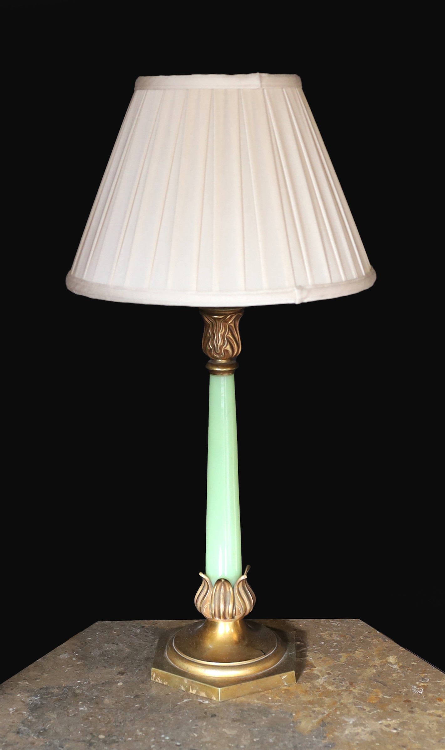 An early 20th century English ormolu mounted green opaque glass table lamp, height 46 cm